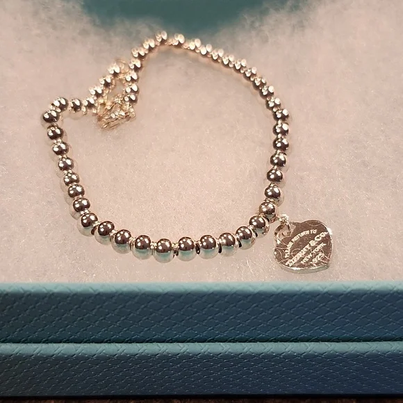TIFFANY Pink Heart Tag Bead Bracelet in Silver, 4mm 💗 - Picture 11 of 15
